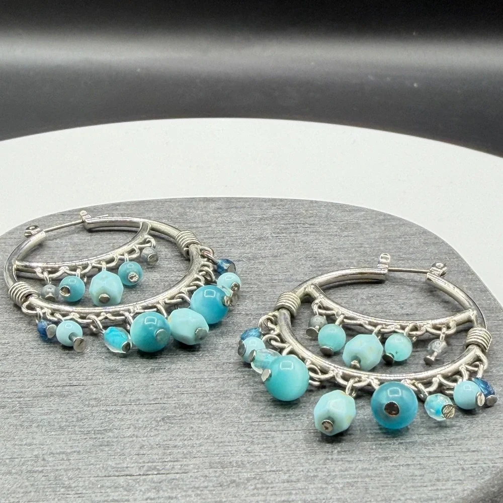 Silver Tone Turquoise Blue Beaded Chandelier Hoop Earrings Boho Statement Gift